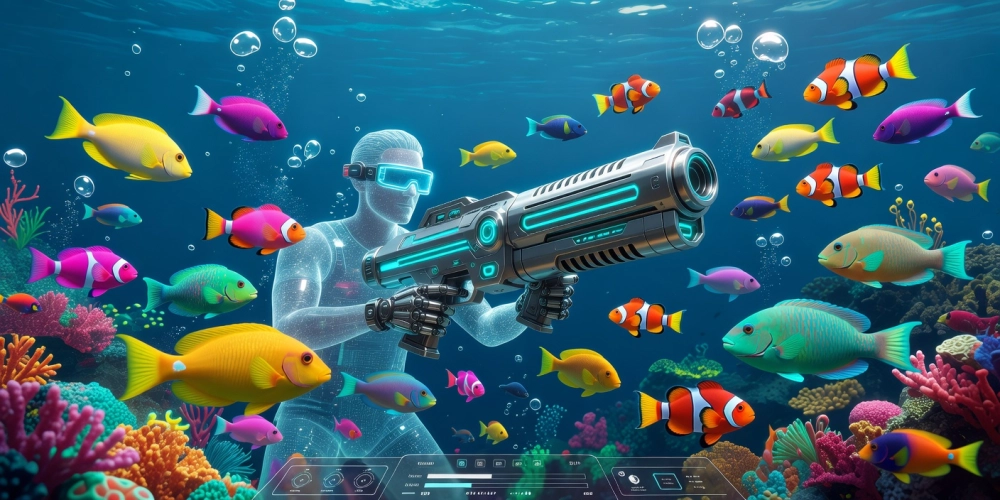 Hình minh họa giao diện bắn cá online nh88 với cá đa sắc màu và súng bắn sống động