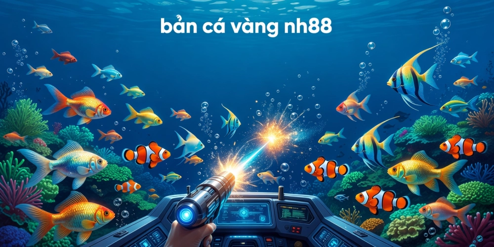 Minh họa giao diện trò chơi bắn cá vàng nh88 với cá đa sắc màu và súng hiện đại