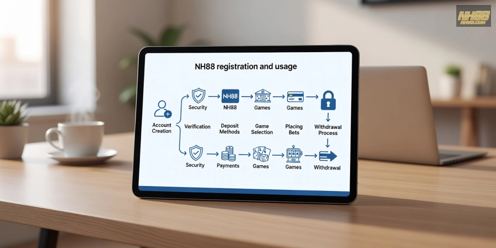 Hình minh họa các bước đăng ký và sử dụng NH88 từ cơ bản đến nâng cao với infographic rõ ràng