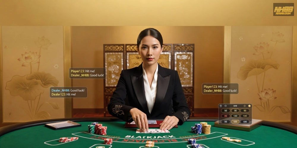 Hình minh họa dealer thực tế trong live casino nh88 với bàn chơi chuyên nghiệp