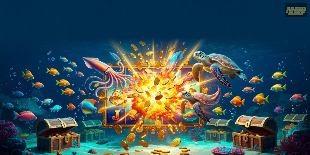 Hình ảnh trò chơi nổ hũ đại dương nh88 với hiệu ứng jackpot bùng nổ