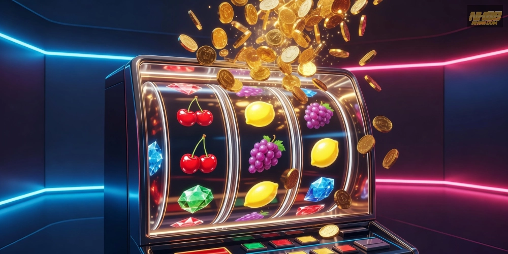 Minh họa khái niệm quay nổ hũ nh88 với hình ảnh slot machine hiện đại và jackpot sáng rực